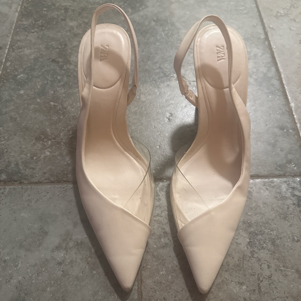 ZARA Nude Pointed Slingback Heels with Clear Side Detail